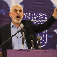 Yahya Sinwar, Hamas's Gaza governor, speaks during a meeting in Gaza City, on April 30, 2022. (Mahmud Hamas/AFP)
