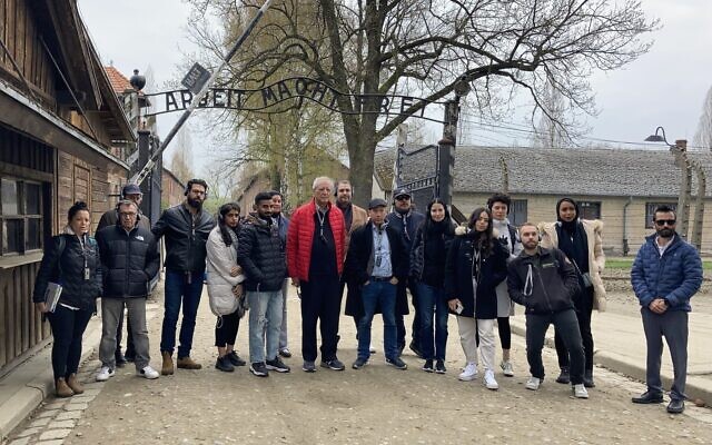 The Sharaka delegation to March of the Living visits Auschwitz, April 27, 2022. (Yaakov Schwartz/ Times of Israel)