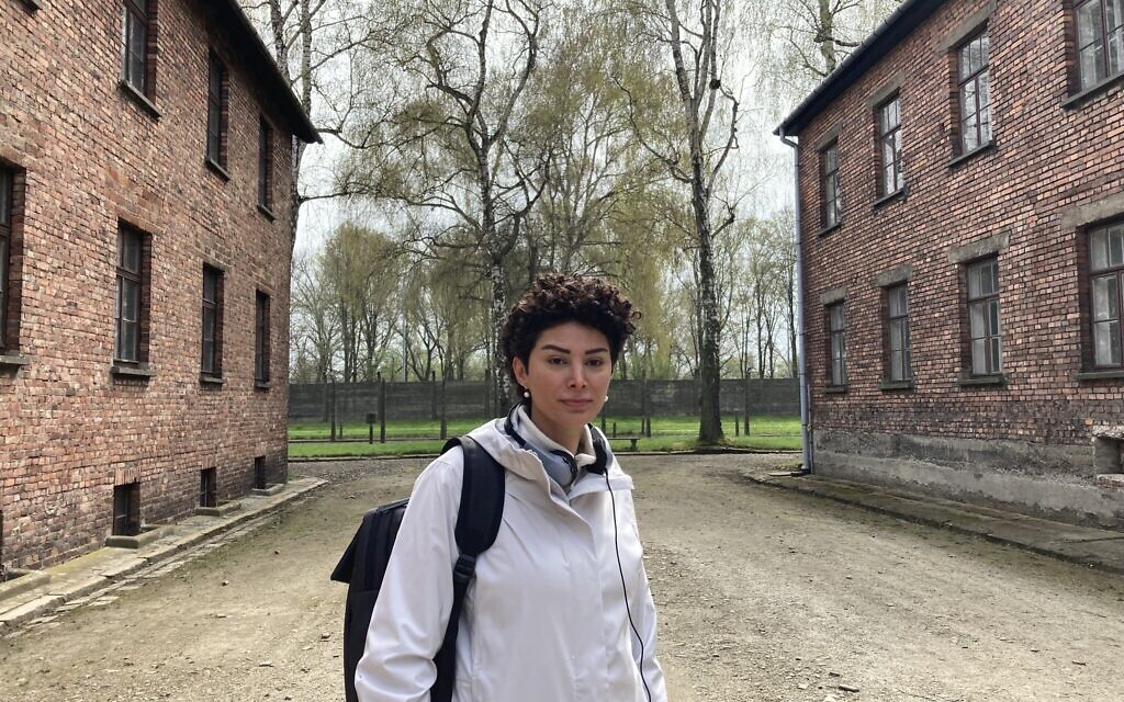 Lebanon-born Rawan Osman, part of the Sharaka delegation to March of the Living visits Auschwitz, April 27, 2022. (Yaakov Schwartz/ Times of Israel)
