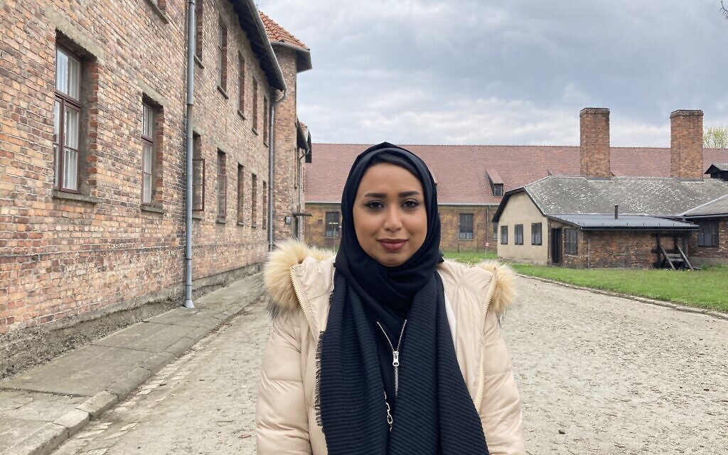 Sharaka’s Gulf affairs director, Fatema Al Harbi, part of the Sharaka delegation to March of the Living visits Auschwitz, April 27, 2022. (Yaakov Schwartz/ Times of Israel)