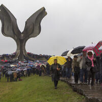 File: Hundreds gather at the memorial center to pay their respects for tens of thousands of people killed in death camps run by Croatia's pro-Nazi puppet state in WWII, in Jasenovac, Croatia, April 12, 2019. (AP Photo/Nikola Solic)