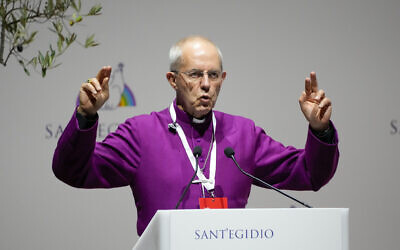 Archbishop of Canterbury Justin Welby delivers his speech at the interreligious meeting 'Brother peoples, future land' organized by the Sant'Egidio Community at 'La Nuvola' (The Cloud) convention center in Rome, on October 6, 2021. (AP Photo/Gregorio Borgia)