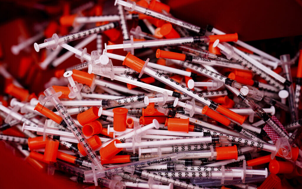 Illustrative: Shown are used syringes collected at a needle exchange run by Camden Area Health Education Center in Camden, New Jersey, February 24, 2022. (AP Photo/Matt Rourke)