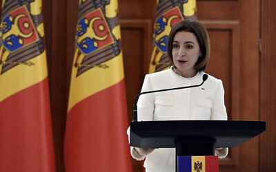 Moldova's President Maia Sandu speaks during a joint press conference with US Secretary of State Antony Blinken, at the Presidential Palace, in Chisinau, Moldova, on March 6, 2022. (Olivier Douliery/Pool Photo via AP)