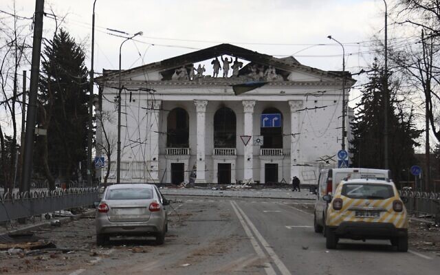 A view of the Mariupol theater damaged during fighting in Mariupol, in territory under the government of the Donetsk People's Republic, eastern Ukraine, Monday, April 4, 2022. (AP/Alexei Alexandrov)