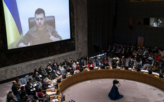 Ukrainian President Volodymyr Zelensky speaks via remote feed during a meeting of the UN Security Council, on April 5, 2022, at United Nations headquarters. (AP Photo/John Minchillo)