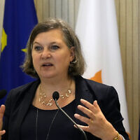 US Under Secretary of State Victoria Nuland talks to the media during a press conference after a meeting with Cyprus' president Nicos Anastasiades at the Presidential Palace in the Cypriot capital Nicosia, Cyprus, April 7, 2022. (AP Photo/Petros Karadjias)