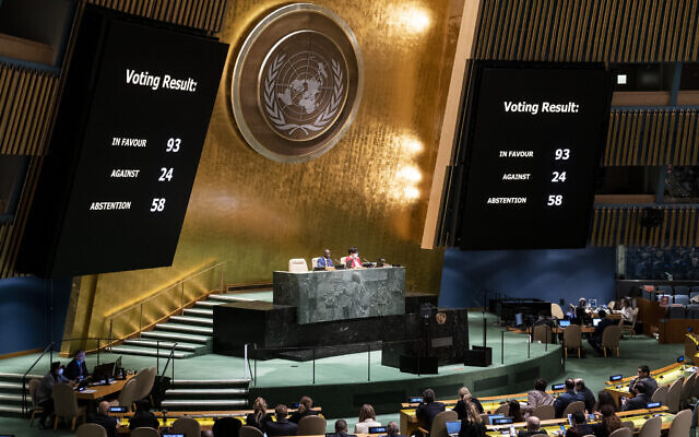 A completed resolution vote tally to affirm the suspension of the Russian Federation from the United Nations Human Rights Council is displayed during a meeting of the United Nations General Assembly, Thursday, April 7, 2022, at United Nations headquarters. UN General Assembly approved a resolution suspending Russia from the world body’s leading human rights organization. (AP Photo/John Minchillo)