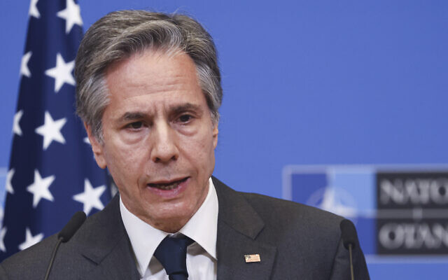 US Secretary of State Antony Blinken speaks to the media after a NATO foreign ministers meeting, amid Russia's invasion of Ukraine, at NATO headquarters in Brussels, Belgium, April 7, 2022.  (Evelyn Hockstein, Pool via AP)