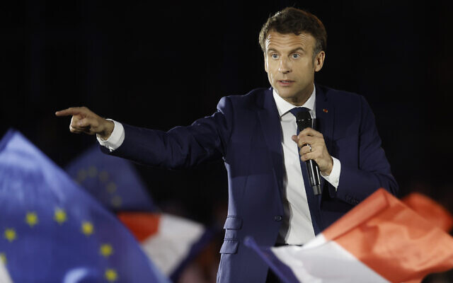 Current French President and centrist presidential candidate for reelection Emmanuel Macron delivers a speech during a campaign rally in Strasbourg, eastern France, April 12, 2022 . (AP Photo/Jean-Francois Badias)