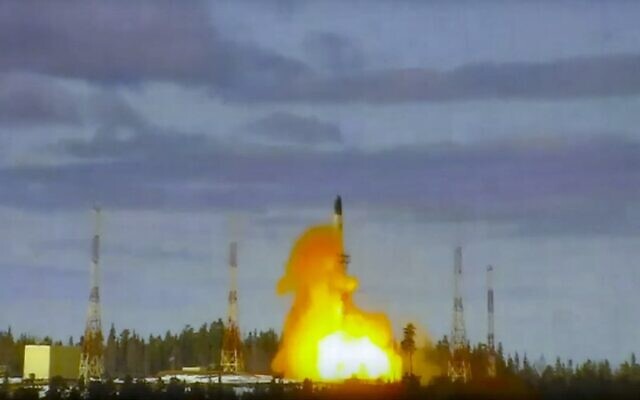 In this handout photo released by Roscosmos Space Agency Press Service on April 20, 2022, the Sarmat intercontinental ballistic missile is launched from Plesetsk in Russia's northwest. (Roscosmos Space Agency Press Service via AP)