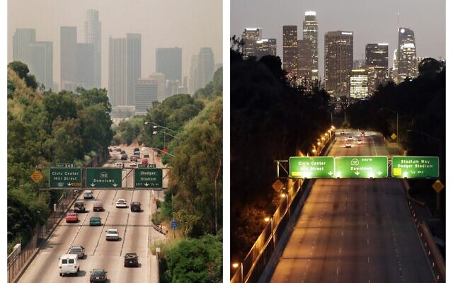 This combination of July 1998 and April 2020 photos shows a difference in smog levels above the Los Angeles skyline, with California Highway 110 in the foreground (AP Photo/Nick Ut, Marcio Jose Sanchez)