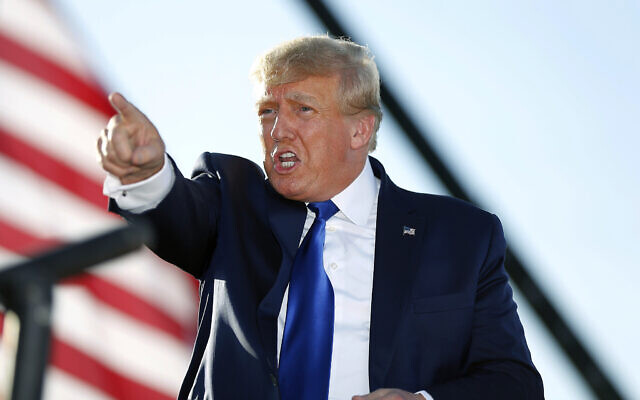 Former US president Donald Trump speaks at a rally at the Delaware County Fairgrounds, Saturday, April 23, 2022, in Delaware, Ohio, to endorse Republican candidates ahead of the Ohio primary on May 3. (AP Photo/Joe Maiorana)