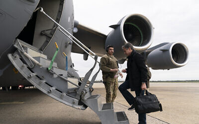US Secretary of State Antony Blinken boards a plane for departure, at Andrews Air Force Base, Md, April 23, 2022. (Alex Brandon/AP)