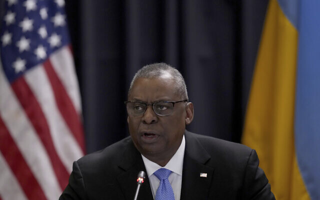 US Secretary of Defense, Lloyd Austin, delivers a speech as he hosts the meeting of the Ukraine Security Consultative Group at Ramstein Air Base in Ramstein, Germany, on April 26, 2022. (AP Photo/Michael Probst)
