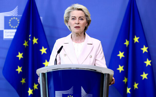 European Commission President Ursula von der Leyen delivers a statement at EU headquarters in Brussels,  April 27, 2022. (Kenzo Tribouillard/AP)