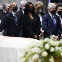 President Joe Biden, left, former president Barack Obama, former first lady Michelle Obama, former president Bill Clinton and former secretary of state Hillary Clinton, during the funeral service for former secretary of state Madeleine Albright at the Washington National Cathedral, April 27, 2022, in Washington. (AP Photo/Evan Vucci)