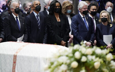 President Joe Biden, left, former president Barack Obama, former first lady Michelle Obama, former president Bill Clinton and former secretary of state Hillary Clinton, during the funeral service for former secretary of state Madeleine Albright at the Washington National Cathedral, April 27, 2022, in Washington. (AP Photo/Evan Vucci)
