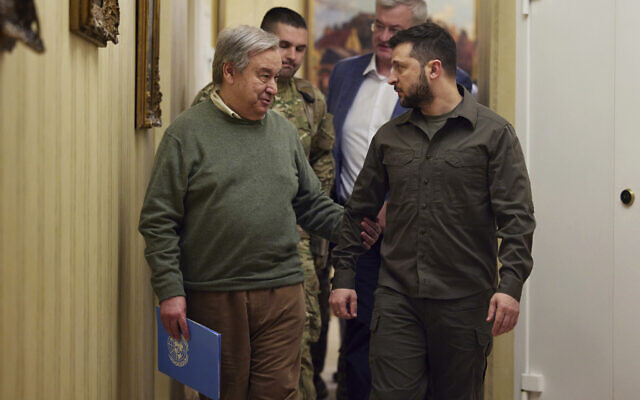 Ukrainian President Volodymyr Zelensky, right, and UN Secretary-General Antonio Guterres leave a news conference during their meeting in Kyiv, Ukraine, April 28, 2022. (Ukrainian Presidential Press Office via AP)