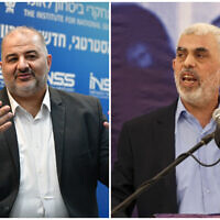 Ra'am party leader MK Mansour Abbas (left) attends a conference in Tel Aviv, on April 11, 2022; Yahya Sinwar, Hamas's Gaza governor (right), speaks during a meeting in Gaza City, on April 30, 2022. (Avshalom Sassoni/Flash90; Mahmud Hamas/AFP)