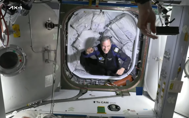 Israel’s Eytan Stibbe enters the International Space Station, on April 9, 2022. (Screenshot/SpaceX)