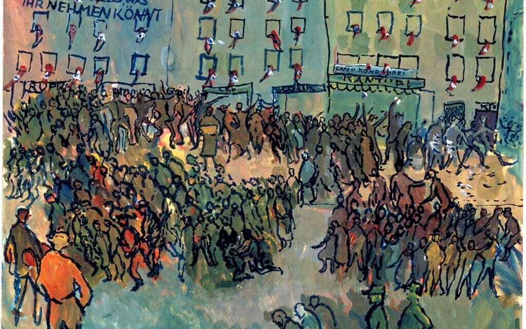A work in gouache by Charlotte Salomon, from her principal work, 'Life? or Theatre?.' It depicts Kristallnacht, a series of coordinated attacks against Jews throughout Nazi Germany and parts of Austria, November 9-10, 1938.(Charlotte Salomon, Public domain, via Wikimedia Commons)