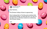 A thread about Easter from the Twitter account 'Jew Who Has It All.' (Design by Jackie Hajdenberg via JTA; images from Getty Images and @JewWhoHasItAll)