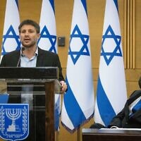 Head of the Religious Zionist Party MK Bezalel Smotrich speaks next to former prime minister Benjamin Netanyahu during a meeting of opposition parties at the Knesset, on June 28, 2021. (Yonatan Sindel/Flash90)
