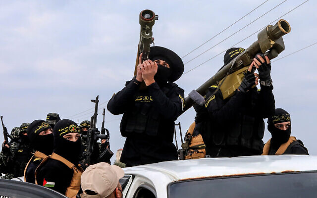 Members of Saraya al-Quds, the military wing of Islamic Jihad terror group hold shoulder-launched anti-aircraft systems during a military parade in Gaza City, on January 5, 2022. (Atia Mohammed/Flash90)