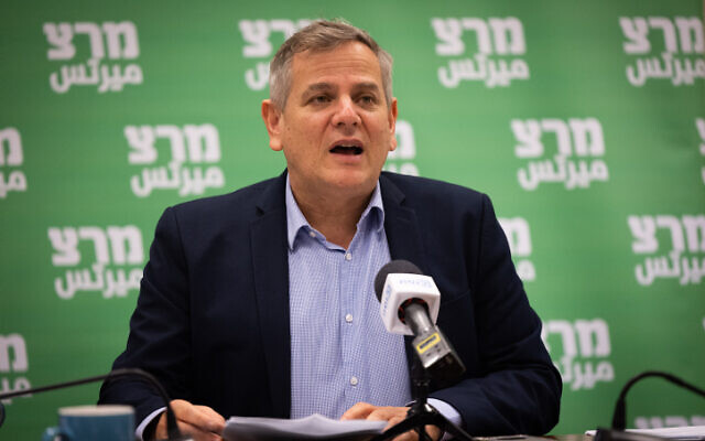 Health Minister Nitzan Horowitz leads a Meretz faction meeting at the Knesset on February 28, 2022. (Yonatan SindelFlash90)