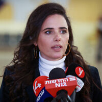 Interior Minister Ayelet Shaked holds a press conference at Ben Gurion Airport on March 13, 2022. (Roy Alima/Flash90)