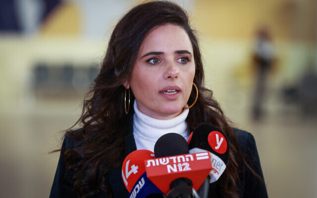 Interior Minister Ayelet Shaked holds a press conference at Ben Gurion Airport on March 13, 2022. (Roy Alima/Flash90)