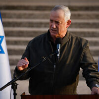 Defense Minister Benny Gantz gives a statement to the press at IDF Central Command headquarters in Jerusalem, March 30, 2022. (Olivier Fitoussi/Flash90)