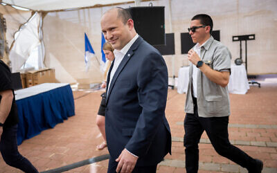 Prime Minister Naftali Bennett holds a press conference at the Judea and Samaria Division military base, near the West Bank settlement of Beit El, April 5, 2022. (Yonatan Sindel/ Flash90)