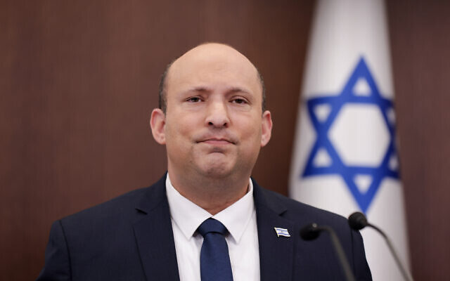 Prime Minister Naftali Bennett leads a cabinet meeting at this office in Jerusalem, on April 10, 2022. (Ohad Zwigenberg/Pool/Flash90)