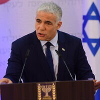 Foreign Minister Yair Lapid holds a press conference in Tel Aviv on April 14, 2022. (Avshalom Sassoni/Flash90)