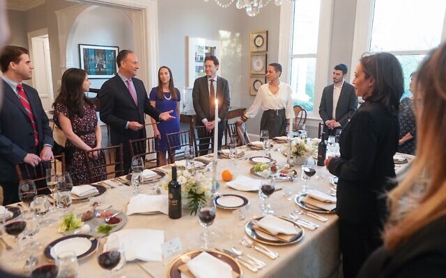Vice President Kamala Harris (R) and Second Gentleman Doug Emhoff host a Passover seder in the Vice President's Residence, serving wine from the Psagot settlement winery, on April 16, 2022. (Doug Emhoff/Twitter)