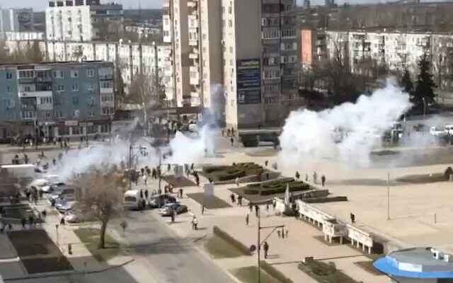 Russian forces reportedly fire on protestors in the Ukrainian city of Enerhodar, on April 2, 2022. (Screenshot/Twitter)