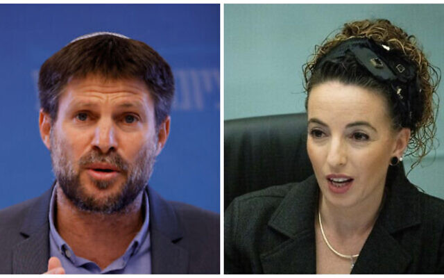 (L) Religious Zionist leader Bezalel Smotrich  speaks during a Knesset faction meeting, on July 12, 2021. (Olivier Fitoussi/Flash90) and (R) Idit Silman at the Knesset in Jerusalem, on November 8, 2021 (Yonatan Sindel/Flash90)