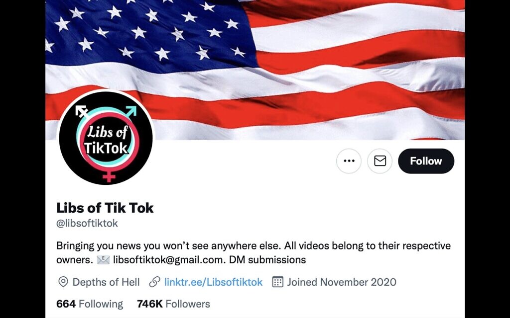 Screenshot of the Libs of TikTok Twitter feed, an account run by an Orthodox Jew that targets teachers who teach children about sexuality and gender identity. (Twitter/ via JTA)