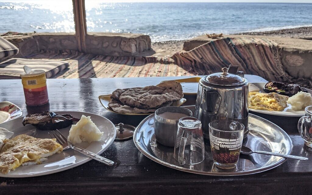 Typical Sinai breakfast at the beachfront camps in Ras Shaitan on November 5, 2021. (Melanie Lidman/Times of Israel)