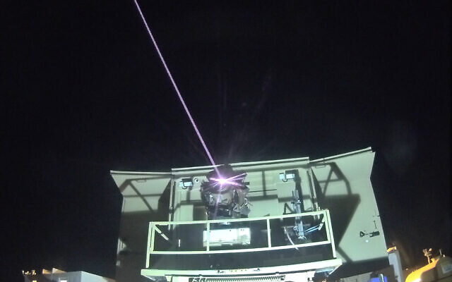 The 'Iron Beam' laser-based air defense system is seen intercepting a target over southern Israel, March 2022. (Defense Ministry)