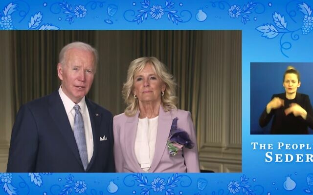 US President Joe Biden and First Lady Jill Biden address the White House virtual seder on April 14, 2022. (Screen capture/YouTube)