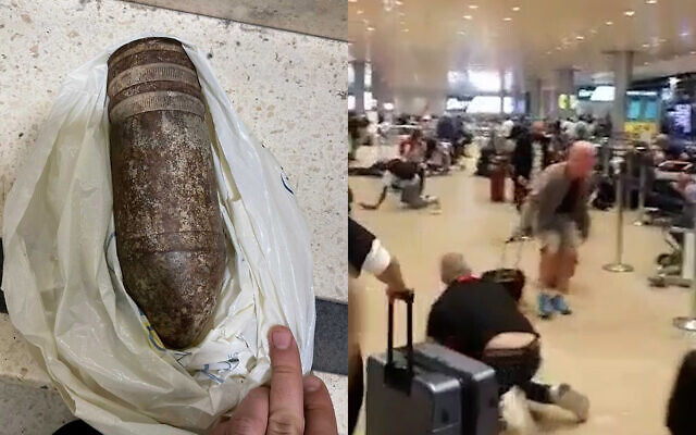 Left: An old unexploded artillery shell confiscated from travelers at Ben Gurion International Airport outside Tel Aviv. Right: Travelers flee the area after security announced an evacuation of the airport area due to the bomb. April 28, 2022. (Airports Authority; Twitter screensnot, used in a ccordance with Clause 27a of the copyright law)