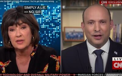 CNN's Christiane Amanpour interviews Prime Minister Naftali Bennett on April 20, 2022. (Screen capture: YouTube)