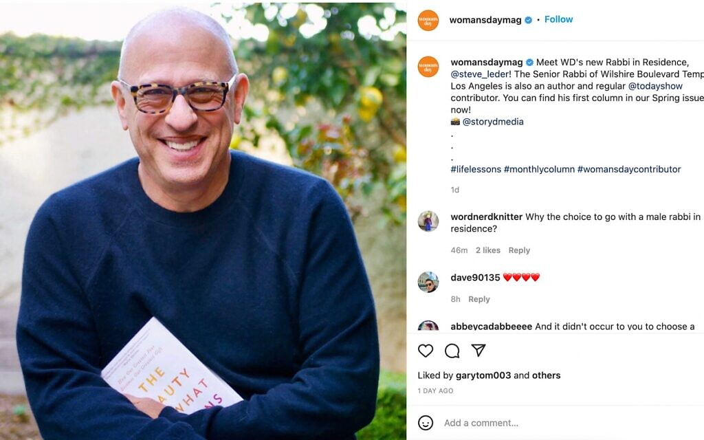 A screenshot of Woman's Day magazine's instagram post announces Rabbi Steven Leder will be the magazine's new "Rabbi in Residence." (Screenshot via Instagram via JTA)
