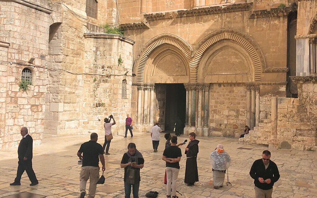 The Crusader-era facade of the Church of the Holy Sepulchre in Jerusalem's Old City, April 11, 2022. (Amanda Borschel-Dan/Times of Israel)