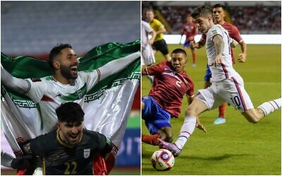 Left, Iran's soccer players Saman Ghoddoos, top, Amir Abed Zadeh, bottom, and Hossein Kanani celebrate qualifying for 2022 World Cup after defeating Iraq, at the Azadi stadium in Tehran, Iran on January 27, 2022. Right, United States' Christian Pulisic (10) shoots on goal as Costa Rica's Carlos Martinez tries to block during a qualifying soccer match for the FIFA World Cup Qatar 2022 in San Jose, Costa Rica on March 30, 2022. (Collage/AP//Vahid Salem and Moises Castillo)