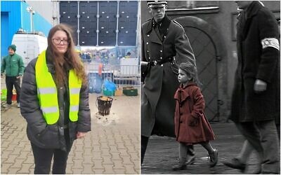 Oliwia Dabrowska on the Ukrainian border in 2022; and as a child in the film 'Schindler's List' (Instagram; screenshot)