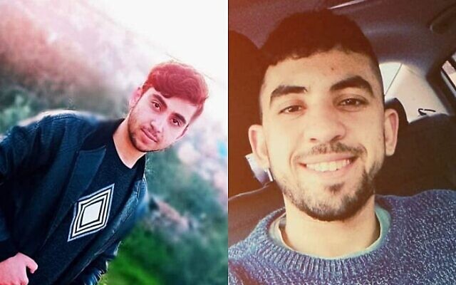 Yousef Sameeh Assi and Yahya Marei, arrested in the Palestinian town of Qarawat Bani Hassan on April 30, 2022, for a terror attack on April 29 at the entrance to the Ariel settlement in which security guard Vyacheslav Golev was killed. (Social media)